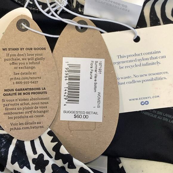 prAna Size Small Black White Flora Fauna Summer Wave Swim Bikini Bottom J19-18 - Picture 9 of 10